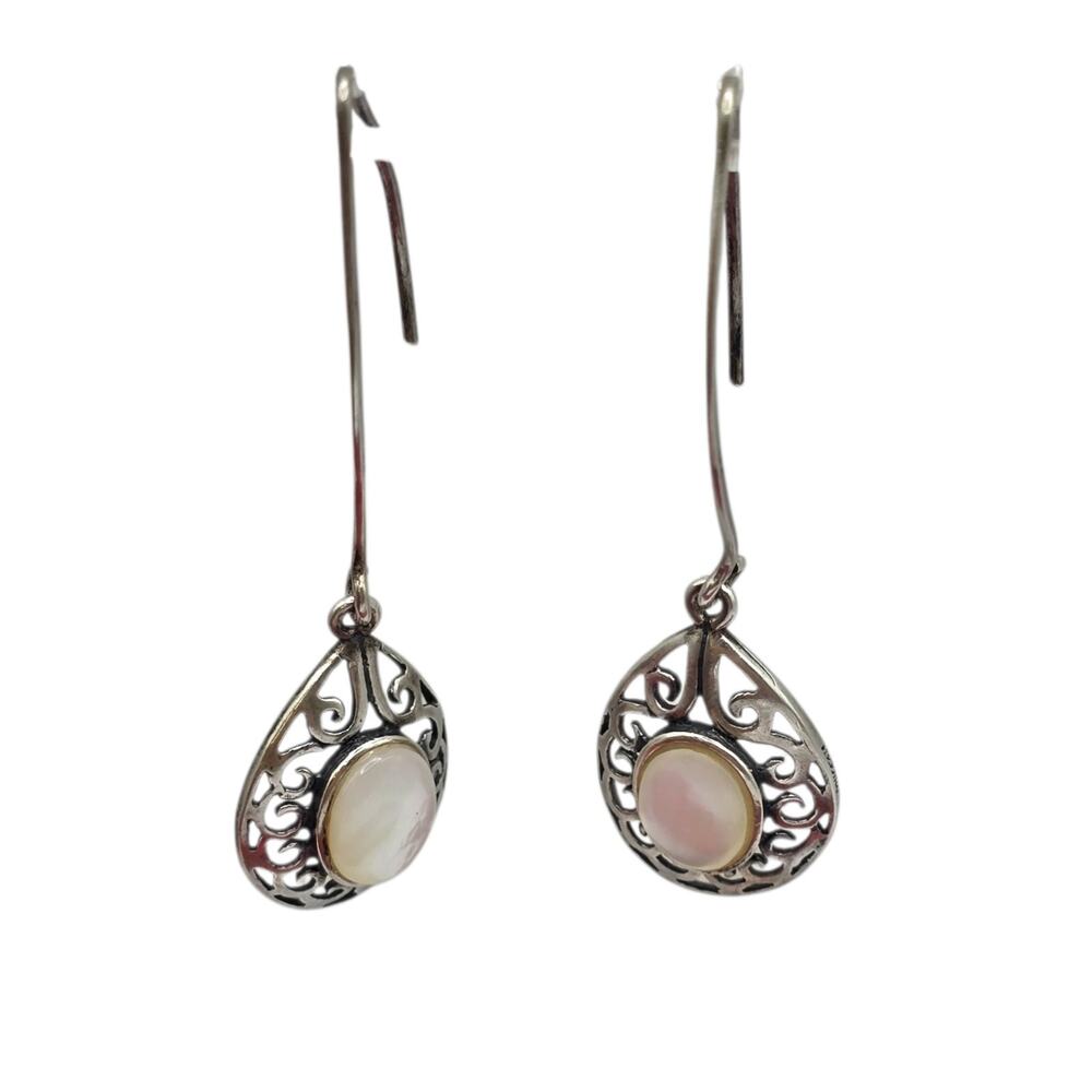 Sterling Silver Filigree Drop Earrings with Pink Mother-of-Pearl